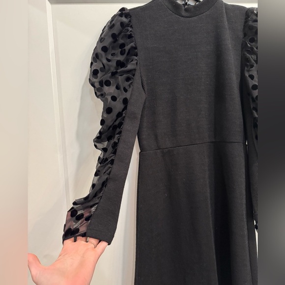 Anthropologie thml Black Dress with Sheer Polka Dot puff Sleeves - Picture 2 of 10